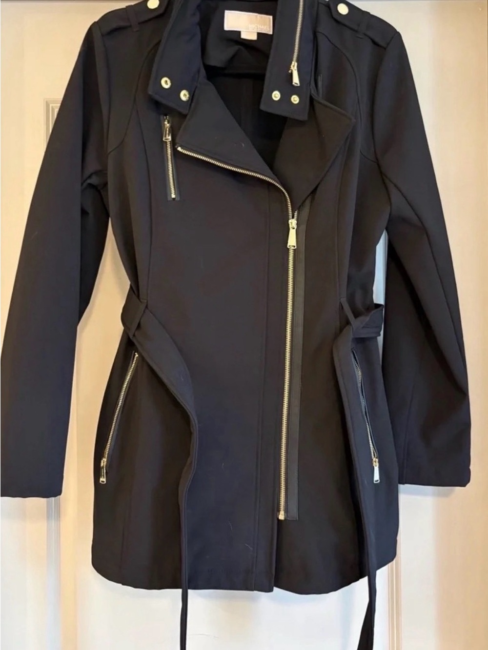 Michael Kors Black Asymmetrical Zip Trench Coat with Belt